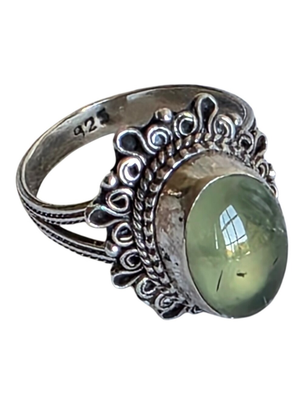 Sterling Silver Green Prehnite Gemstone Floral Setting Ring Size 7